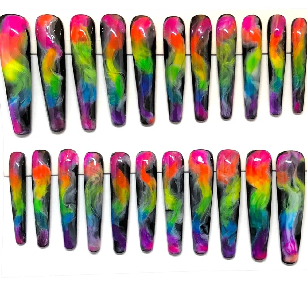 Custom Handmade Set of 22 Press On Nails 2X Long Coffin Shape Black & Ne… - Picture 3 of 9